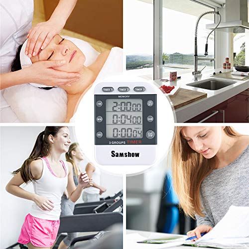 Digital Dual Kitchen Timer, Samshow 3 Channels Count UP/Down Timer, Cooking Timer, Stopwatch, Large Display, Adjustable Volume Alarm with Magnetic Back, Stand, Battery Included (White)