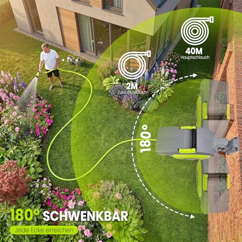 Bietor Hose Reel 40 m + 2 m, Garden Hose Drum with 180° Swivelling, Wall Hose Box with 9 Functions, Garden Shower, Automatic Retraction System and Locking in Any Length for Garden
