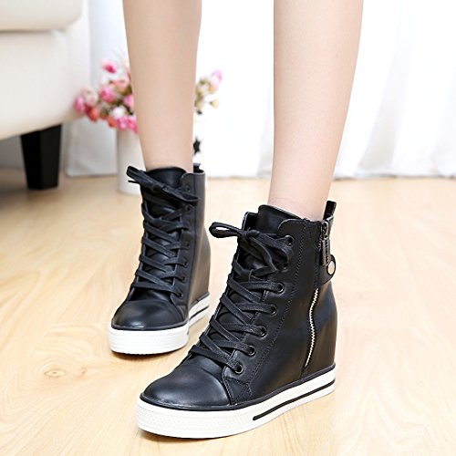 mewow Womens Casual High Top Wedge Hidden Heel Leather Shoes Fashion Sport Sneaker (7.5, Black)