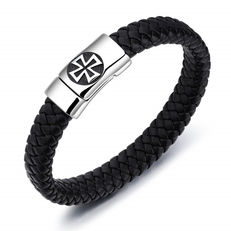 BOBIJOO JEWELRY - Leather Strap Steel Templar Cross Pattée 12mm - Black 22cm