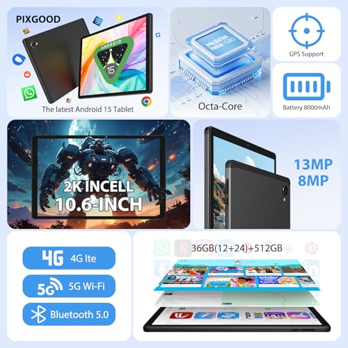 PIXGOOD 2K Android 15 Tablets, 36 GB RAM+512 GB ROM (2TB TF), 4G LTE + 5G WiFi, 10.6 Inch Tablet, Octa-Core, 2000 x 1200 FHD, 8000 mAh, 13 MP+8 MP, GPS, Tablet with Keyboard ect (Black)