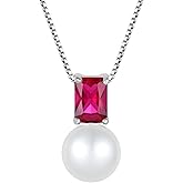 JO WISDOM Pearl Pendant Necklace 925 Sterling Silver 5 * 7mm Baguette Birthstones Necklace 9mm Freshwater Cultured Pearl Jewelry for Women