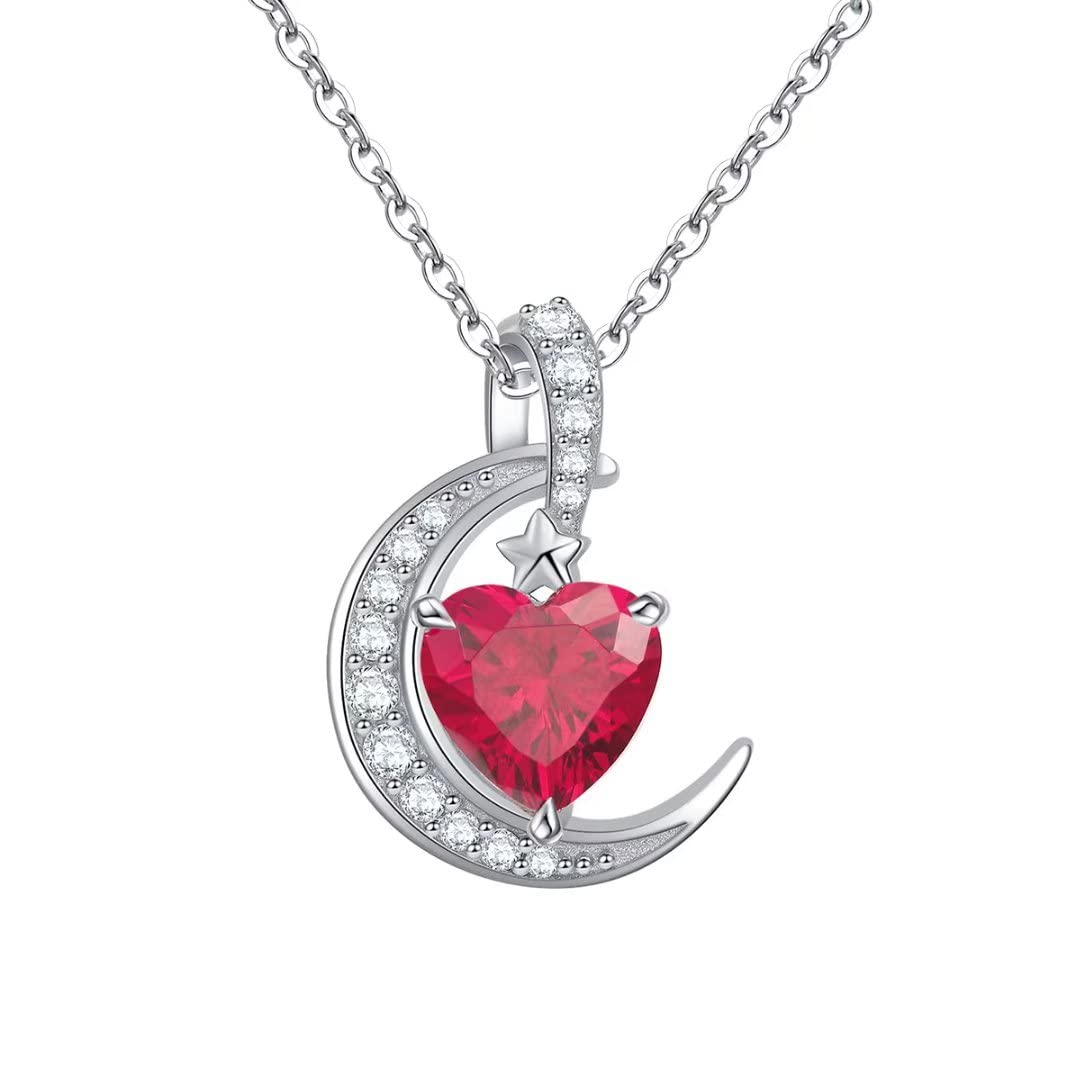 Qings July Birthstone Crescent Moon Necklace - Ruby Pendant Necklaces Red Gem S925 Christmas Birthday Gift for Girls Women Mother Wife