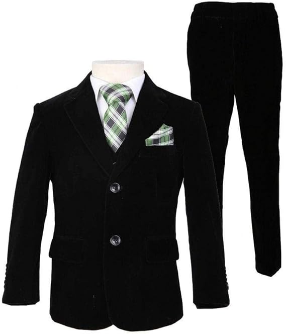 Boys Black Velvet Winter Prom Suit, 6 Piece Page Boy Suit with Tie and