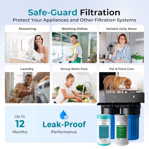 iSpring WGB21BM Sistema de Filtración de Agua para Toda la Casa de 2 Etapas, Filtros de Bloque de Carbón y Reducción de Hierro y Manganeso de 10” x 4.5”, Puertos de 1"