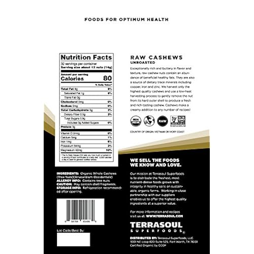 Terrasoul Superfoods Organic Raw Whole Cashews, 16 Ounce Grocery & Gourmet Food, Cooking & Baking, Nuts & Seeds, Cashews