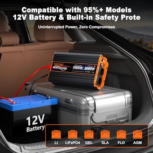 3000 W Inverter 12 V to 230 V Pure Sine Wave Voltage Converter with 2 EU Sockets, 30 W USB-C, 5 V 3.1 A USB, LCD Remote Control, for Caravans, Trucks, Solar Energy, Peak Power 6000 W