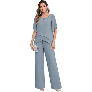 PSQZI 2 Piece Mother of The Bride Pant Suits for Women Dressy Chiffon Sets