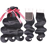 Unprocessed Virgin Brazilian Body Wave Human Hair Bundles with Closure Free Part (10 12 14+10Closure) virgin Human Hair extensions With body wave Lace Closure Natural Black