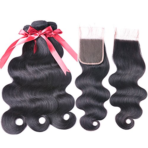 Brazilian Body Wave Human Hair 3 Bundles with Closure Free Part (10 12 14 +10 Closure) 100% Unprocessed Virgin Human Hair extensions With body wave Lace Closure Natural Black