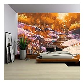 Illustration - River Lines with Stones in Autumn Forest,Illustration Painting - Removable Wall Mural | Self-Adhesive Large Wallpaper - 66x96 inches