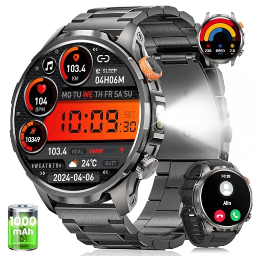Reloj Inteligente Hombre con 1000mAh Batería y Linterna, 1.91" AMOLED, 5ATM Impermeable Smartwatch Militar con Llamadas, 113 Modes Sportifs, 24/7 Pulsómetro/Oxímetro/Sueño/Podomètre/Android iOS