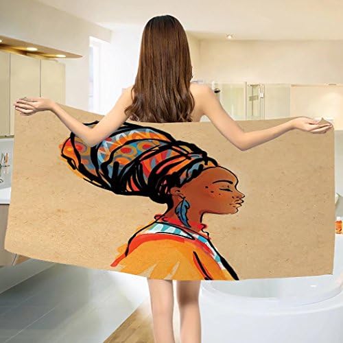 African Bath towel Ethnic Woman with Exotic Feather Earring and Scarf Zulu Hippie Artwork Cotton Beach Towel Caramel and Marigold (55"x28")