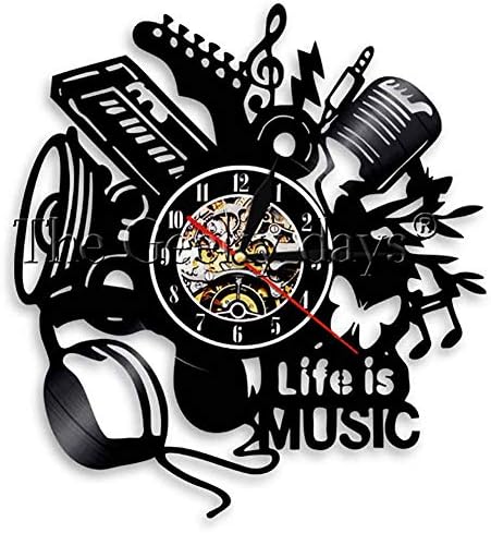 GJFLife Vinyl record Wall clock Musical instruments, Retro Silent Punctual Decoration Clocks Unique modern art gift idea for music fans-G d:34cm