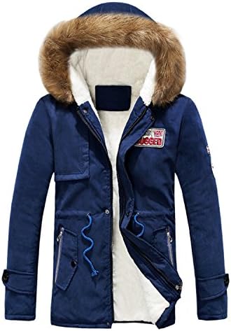 Catwomanfun New Men's Thick Warm Winter Down Coat Long Fur Collar Army Green Men Parka Fleece Cotton Coat Jacket Parka Men Blue XXXL