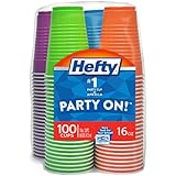 Hefty Party On Plastic Party Cups (Assorted Colors - Amethyst, Neptune Blue, Paprika, and Apple Green - 16 Ounce, 100 Count)