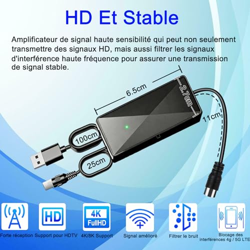 TV Antenna Amplifier, USB Powered, High Gain 25dB, Signal Booster for TNT/DVB-T2, Compatible Indoor and Outdoor Antenna, Reception Enhancement (Black)