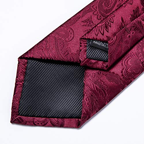 DiBanGu Paisley Ties for Men Silk Necktie and Pocket Square Cufflinks Tie Clip Set Woven Classic Mens Tie for Wedding Party, Burgundy