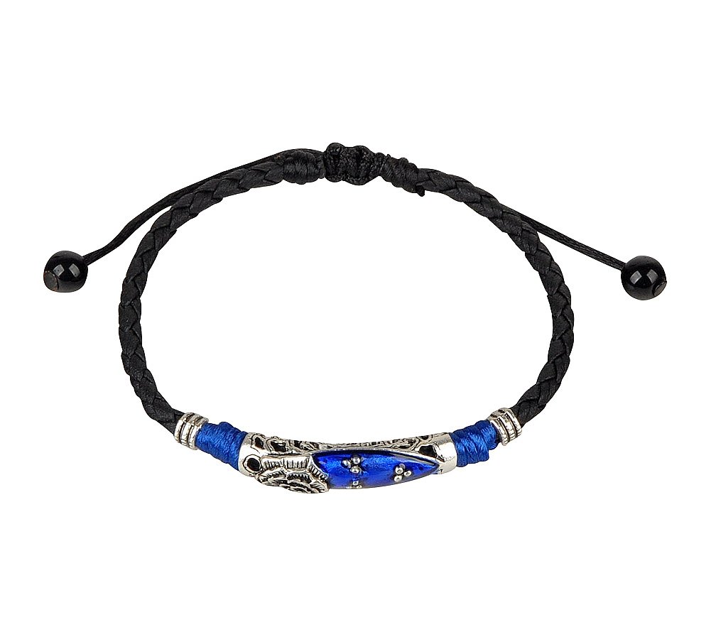 Boho Braided Leather Anklet with Blue Resin Inlay and Silver-Tone Accents – Adjustable, 23 cm (9 inches) Inner Length