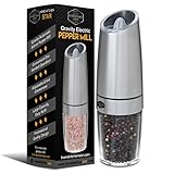 Gravity Electric Salt Pepper Grinder - Automatic Battery Powered, Adjustable Grind Coarseness, Blue LED Light, Great Mother’s Day Gift, Premium Quality Electronic Black Pepper Mill (Stainless Steel)