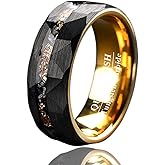 Black Meteorite Tungsten Wedding Bands Hammered Wedding Rings with Meteorite Fragments & Gold Foil Inlay – 8mm Faceted Ring Brushed Comfort Fit for Anniversary or Engagement Size 6-13