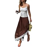 Women Lace Satin Maxi Skirt Y2K Lace Trim Silk Half Slip Skirt High Waist Silk A Line Long Underskirt Going Out