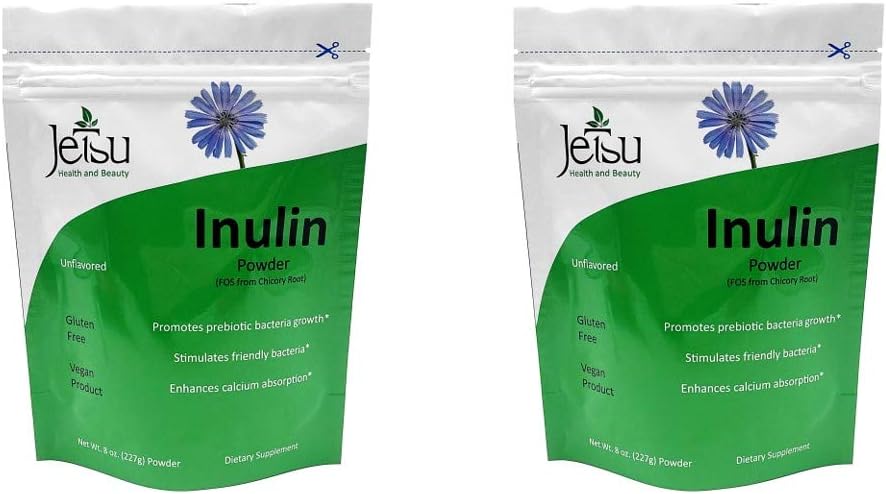 Family 2 Pack Chicory Root Inulin Powder (FOS), Soluble Inulin Fiber prebiotic Supplement, 8oz Pouch, Free Measuring Scoop. Dietary Fiber Promotes Digestive Health stimulating Healthy Bacteria