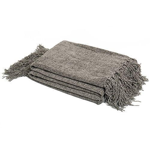 Light Weight Decorative Chenille Throw Blanket for Couch Throws Sofa Cover Soft Bedding Throw Blanket with Fringe, 60 x 50 Inch, Grey