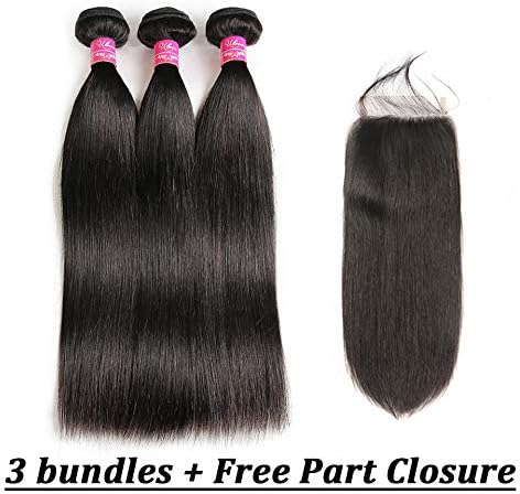 Brazilian Straight Hair With Closure 3 Bundles Unprocessed Virgin Human Hair Bundles With Lace Closure Free Part Hair Extensions Natural Color (18 20 22+16",Free Part)