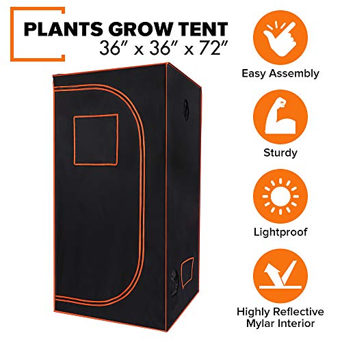 kdgarden 36"x36"x72" Mylar Hydroponic Grow Tent for Indoor Plant Growing Heavy Duty 600D Highly Reflective and Lightproof Portable Closet Grow Tent Room - 3'x3'x6'