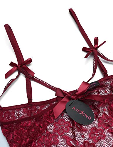 Avidlove Sexy Teddy Lingerie Lace Bodysuit One Piece Babydoll Mesh Bodysuit Dark Red