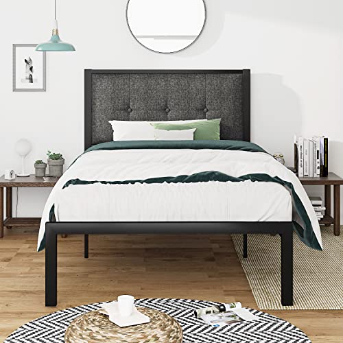 IMUsee Twin Size Bed Frame with Upholstered Button Tufted Headboard, Heavy Duty Platform Bed