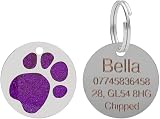 LARRYROO Personalised Engraved Pet Tag Round Glitter Paw Print 25mm Purple view 2