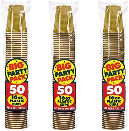 Amscan Big Party Pack 150 Count Plastic Cups, 16-Ounce lmIMLE, Gold