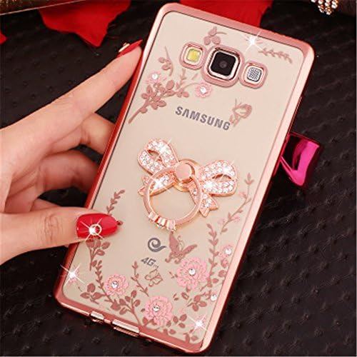 Galaxy C7 Case,Secret Garden Butterfly Floral Bling Swarovski Rhinestone Diamond Rotating Ring Stand Holder Case for Samsung Galaxy C7(Rose Gold-Pink Bowknot)