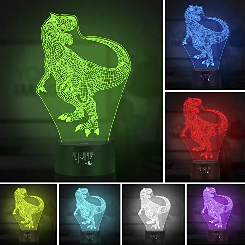Dinosaur 3D Night Light, Rquite Decorative Bedside Lamp for Kids Room, LED Optical Illusion Lamps Touch Switch 7 Color Changing Lighting, Holiday Xmas Birthday Gifts for Baby Boys Girls - Thumbnail 2