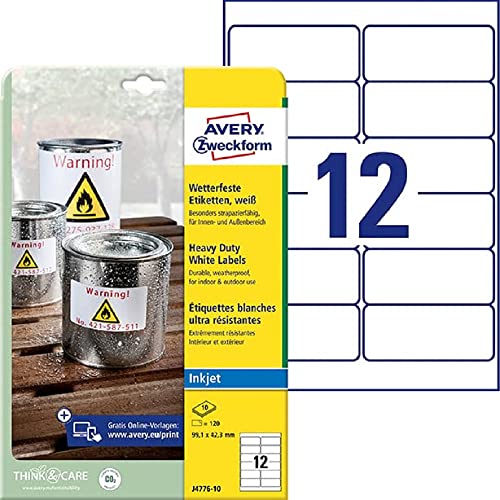 AVERY Zweckform J4776-10 Weatherproof Film Labels Inkjet (120 Stickers, 99.1 x 42.3 mm on A4, Extremely Strong Self-Adhesive, Waterproof, Durable, Printable Outdoor Adhesive Film), 10 Sheets, White