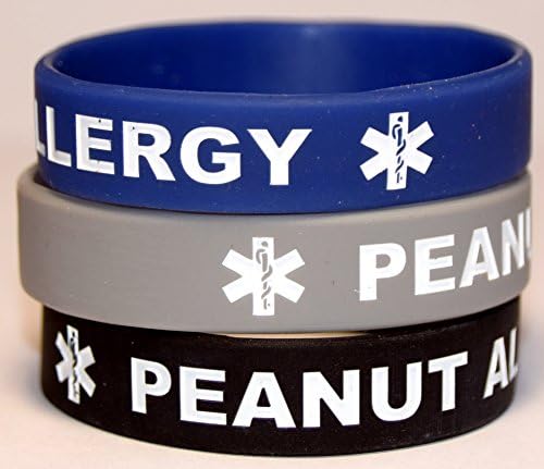 Peanut Allergy Medical Alert 3-Pack Toddler Size Bracelets (6 inch) (Blue, Black, Gray)