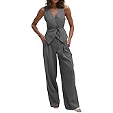 Cicy Bell Womens 2 Piece Outfits V Neck Tie Waist Blazer Vest and Wide Leg Business Casual Suit Pants Sets