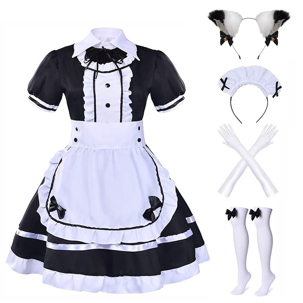 Harsever Women's Maid Dress Cosplay Set, Maid Costume Anime Cosplay Costume French Fancy Dress with Gloves Socks Headwear Halloween Costumes for Fancy Dress (XL)
