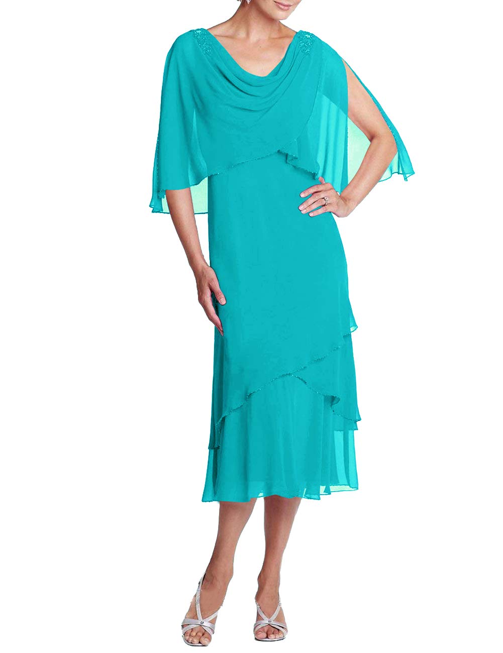 Mother of The Bride Formal Dress Evening Dresses Cloak Tea Length Teal