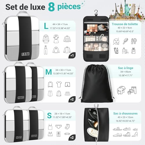 8 Piece Suitcase Organizer - Premium Polyester Compression Travel Bag, Compressive Storage Cubes with Hanging Toiletry Bag, Shoe Bag and Laundry Bag, Travel Accessories