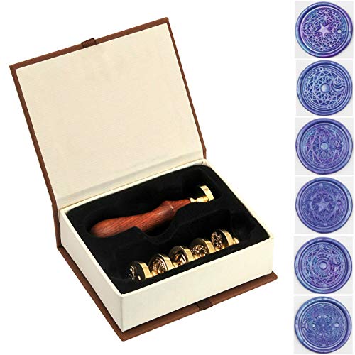 Wax Seal Stamp Set, VIHOME 6 Pieces Sealing Wax Stamps Copper Seals + 1 Piece Wooden Hilt, Vintage Retro Initial Magic Signs Seal Wax Stamp Kit (Magic Sybols Wax Stamp Set)