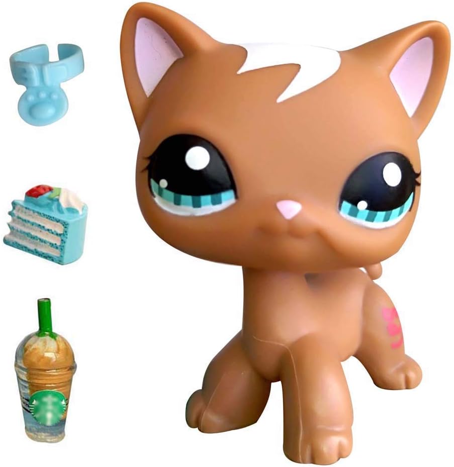 USALPS lps Shorthair Cat Brown with Blue Eyes with lps Accessories Cake Collar Drinks Kids Collectable Figures