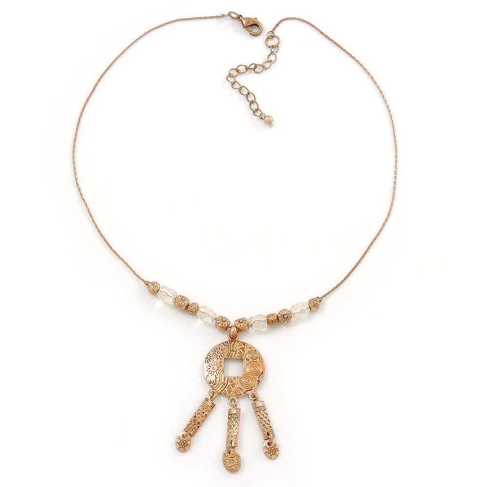 Avalaya Ethnic Hammered Medallion Pendant with Gold Tone Beaded Chain - 40cm L/ 4cm Ext