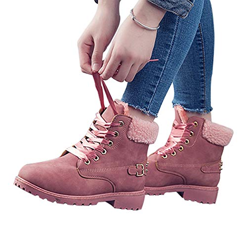 Susanny Women's Warm Snow Boots Ankle Lace up Short Combat Boot Slip on Winter Low Heel Fur Booties Pink - Thumbnail 5
