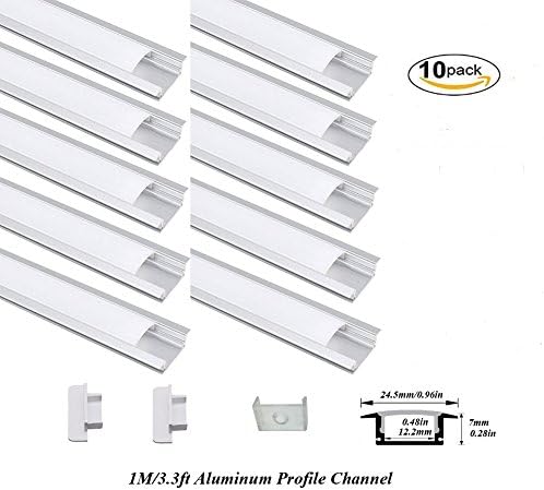Hanks 10Pack 1M/3.3ft 24.5X7mm Shallow Flush Mount Aluminum Channel Profile Extrusion for Wall and Ceiling with Milk Cover End Caps Mounting Clips (10X1M Milk)