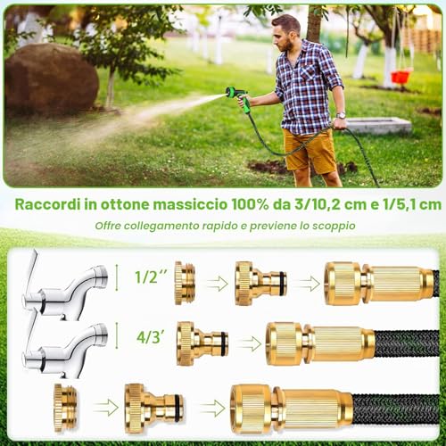 Garden Hose 15 m with 10 Modes Irrigation Gun | TPE Lightweight Anti-Tangle Kit | For Irrigation and Car Wash, Brass Connections 1/2" & 3/4" | Aluminium/Copper Adapter