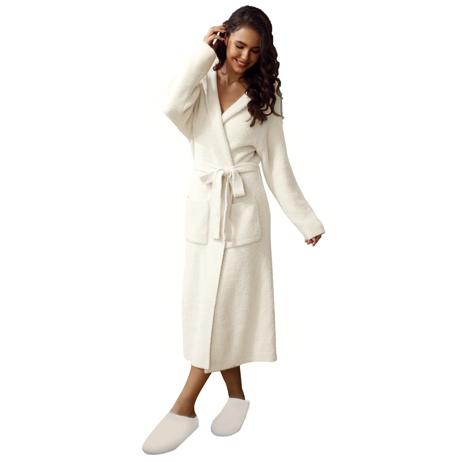 Photo 1 of MH MYLUNE HOME Ultra Soft Robe With Pockets, Spa Bathrobe Loungewear Calf-Length, Plush Fuzzy Fluffy Wrap Robe for Women, Women's Robes, Hooded Ribbed Cream