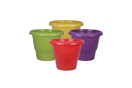 Halsey Round Multi-Color Virgin Plastic Modern Design Durable Plastic Plant Pot for Gardening (Pack of 4) (Small ( 8 X 8 INCH ))